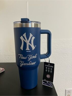 MLB New York Yankees Navy Rhinestone Blue Travel Tumbler with Handle